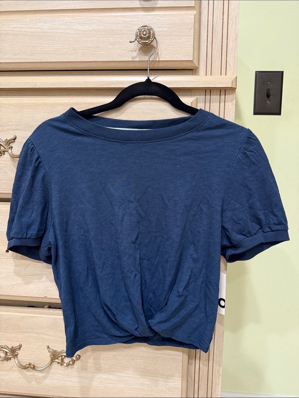 SO Navy Twist-Front Crop Top with Puff Sleeves